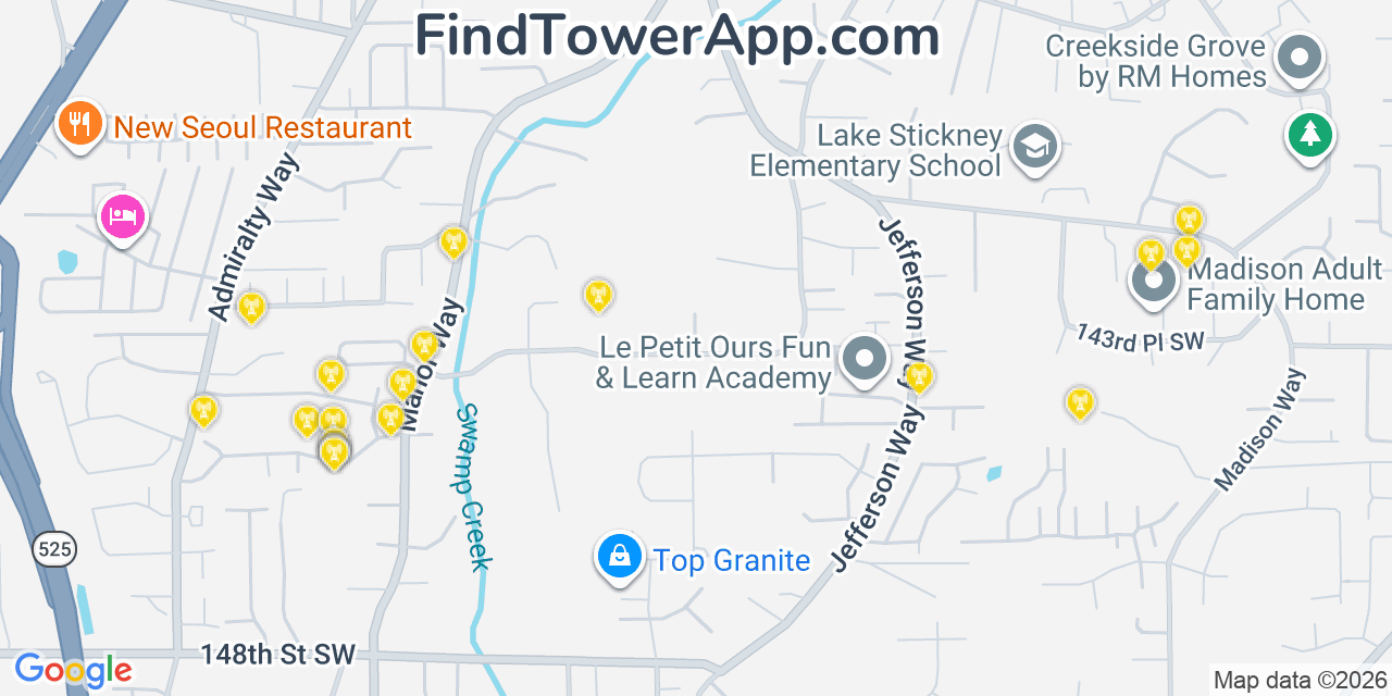 Map showing the 20 primary cell tower locations detected in Lake Stickney, Washington from AT&T, Verizon, and T-Mobile networks