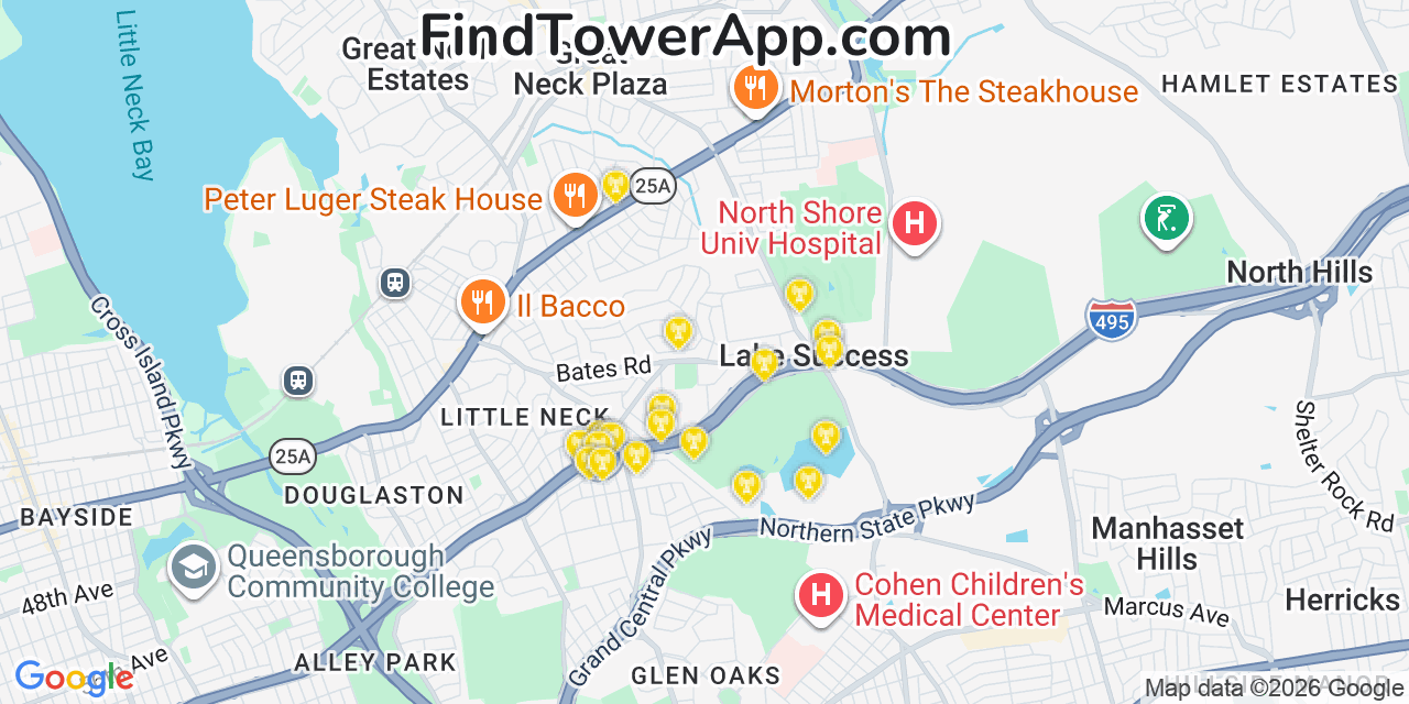 Map showing the 20 primary cell tower locations detected in Lake Success, New York from AT&T, Verizon, and T-Mobile networks