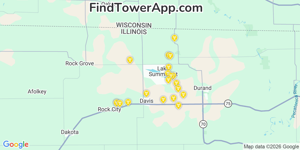 Map showing the 20 primary cell tower locations detected in Lake Summerset, Illinois from AT&T, Verizon, and T-Mobile networks