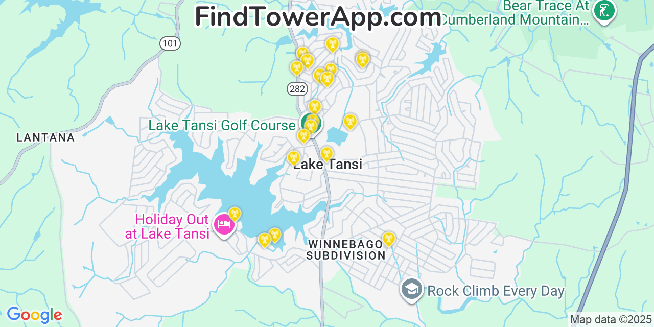 Map showing the 20 primary cell tower locations detected in Lake Tansi, Tennessee from AT&T, Verizon, and T-Mobile networks