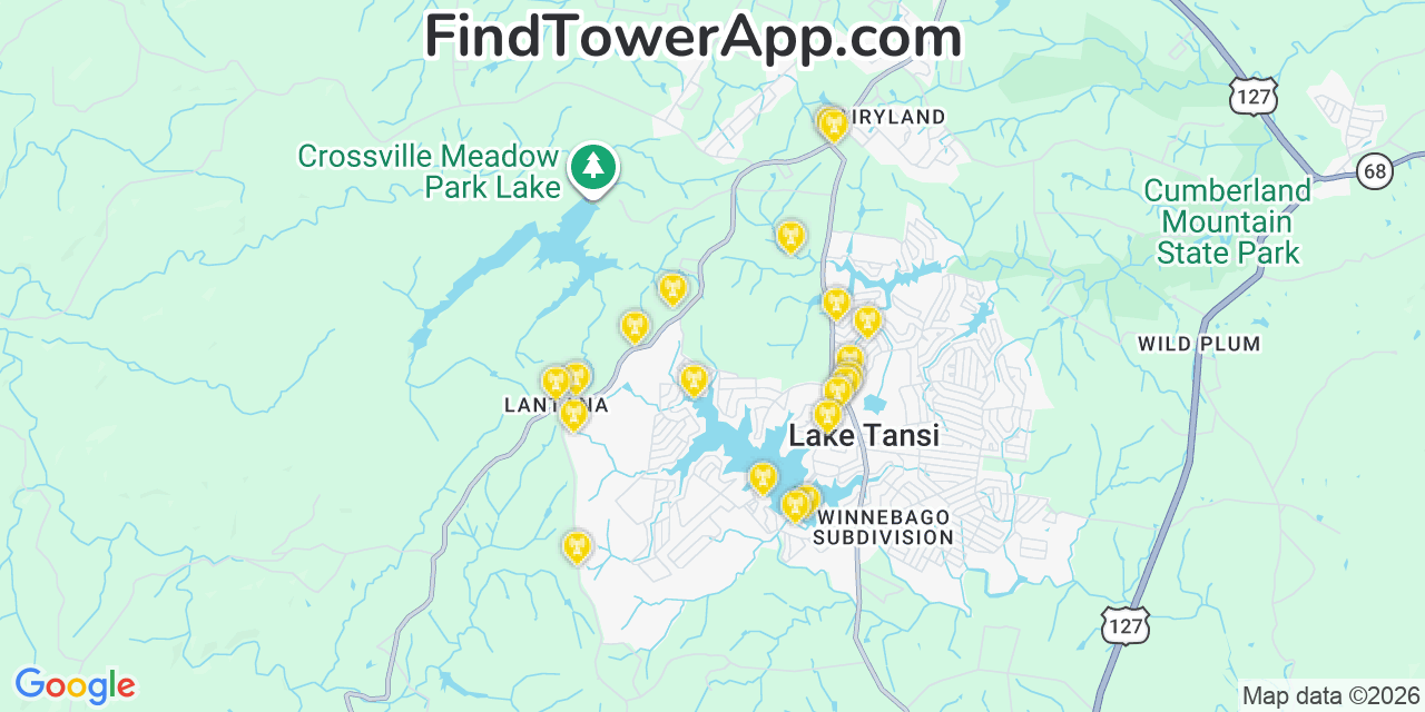 Map showing the 20 primary cell tower locations detected in Lake Tansi, Tennessee from AT&T, Verizon, and T-Mobile networks