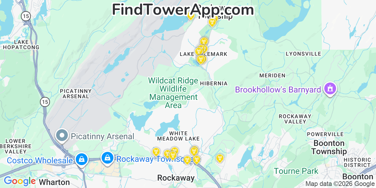 Map showing the 20 primary cell tower locations detected in Lake Telemark, New Jersey from AT&T, Verizon, and T-Mobile networks