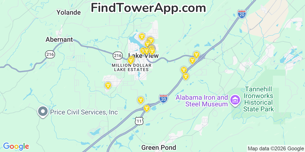 Map showing the 20 primary cell tower locations detected in Lake View, Alabama from AT&T, Verizon, and T-Mobile networks