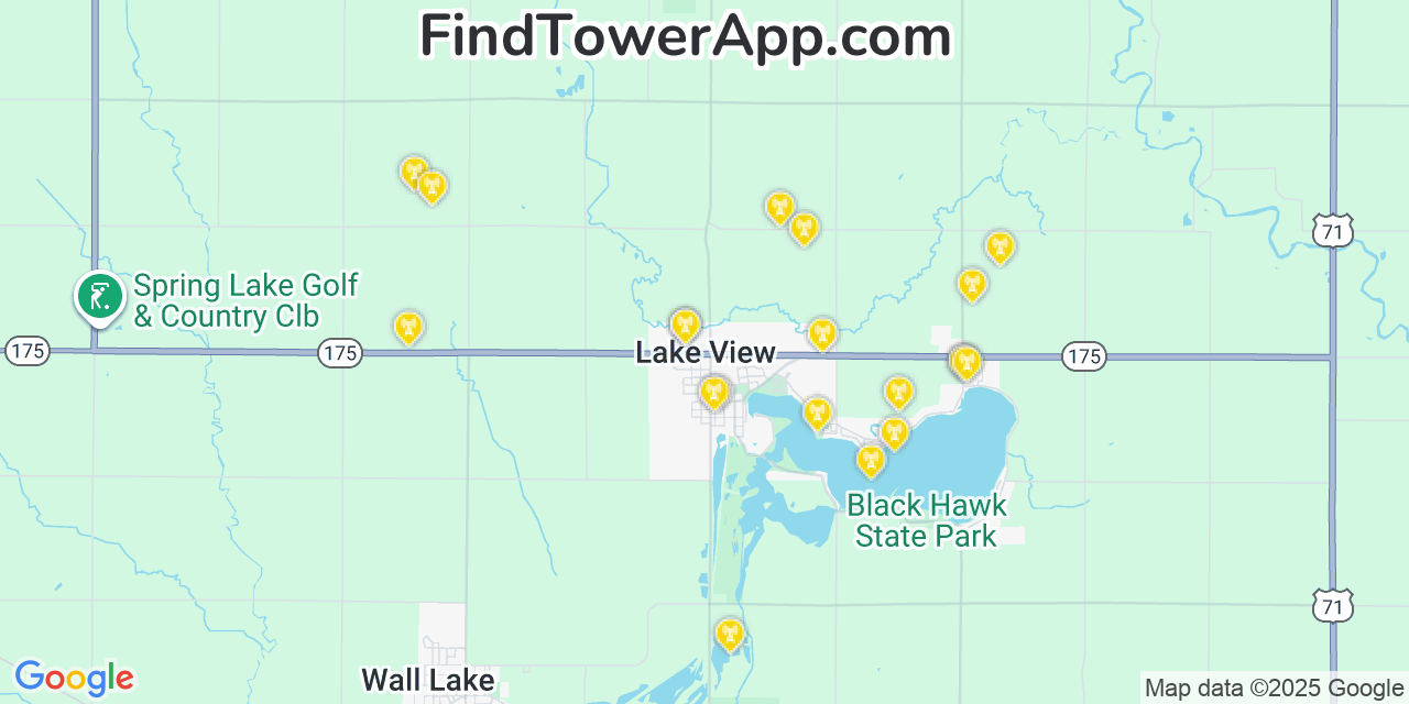 Map showing the 20 primary cell tower locations detected in Lake View, Iowa from AT&T, Verizon, and T-Mobile networks