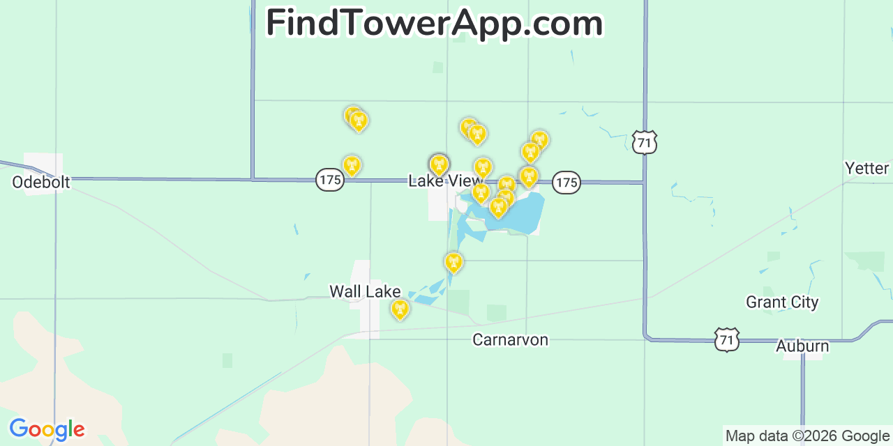 Map showing the 20 primary cell tower locations detected in Lake View, Iowa from AT&T, Verizon, and T-Mobile networks