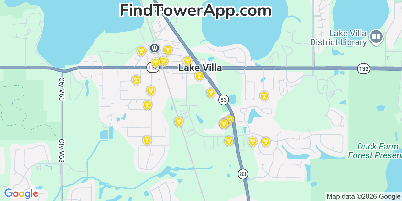 Map showing the 20 primary cell tower locations detected in Lake Villa, Illinois from AT&T, Verizon, and T-Mobile networks