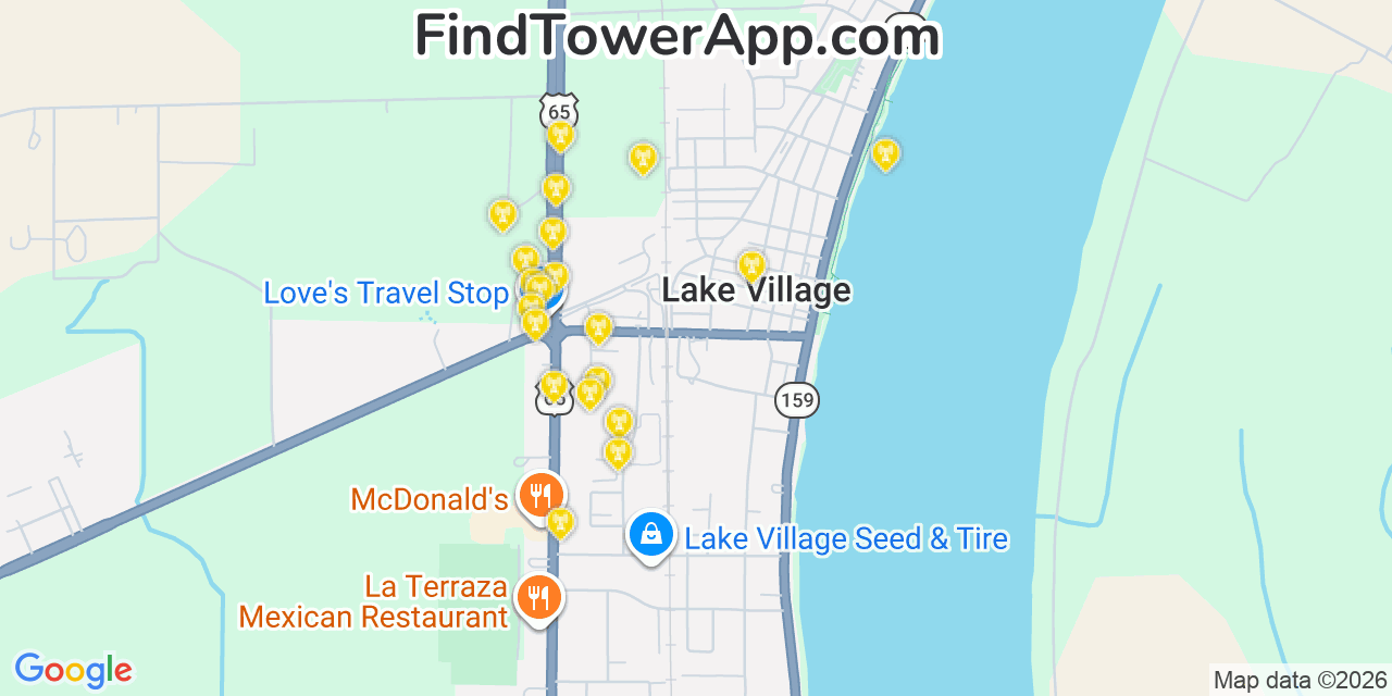 Map showing the 20 primary cell tower locations detected in Lake Village, Arkansas from AT&T, Verizon, and T-Mobile networks