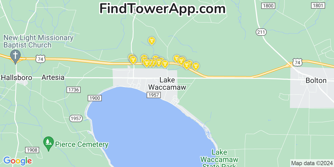 AT&T 4G/5G cell tower coverage map Lake Waccamaw, North Carolina