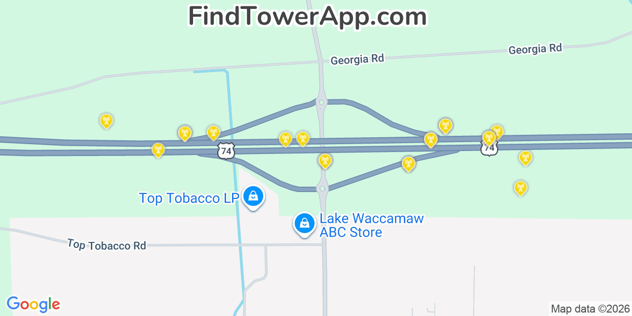 Map showing the 20 primary cell tower locations detected in Lake Waccamaw, North Carolina from AT&T, Verizon, and T-Mobile networks