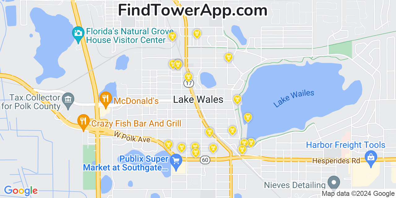 AT&T 4G/5G cell tower coverage map Lake Wales, Florida