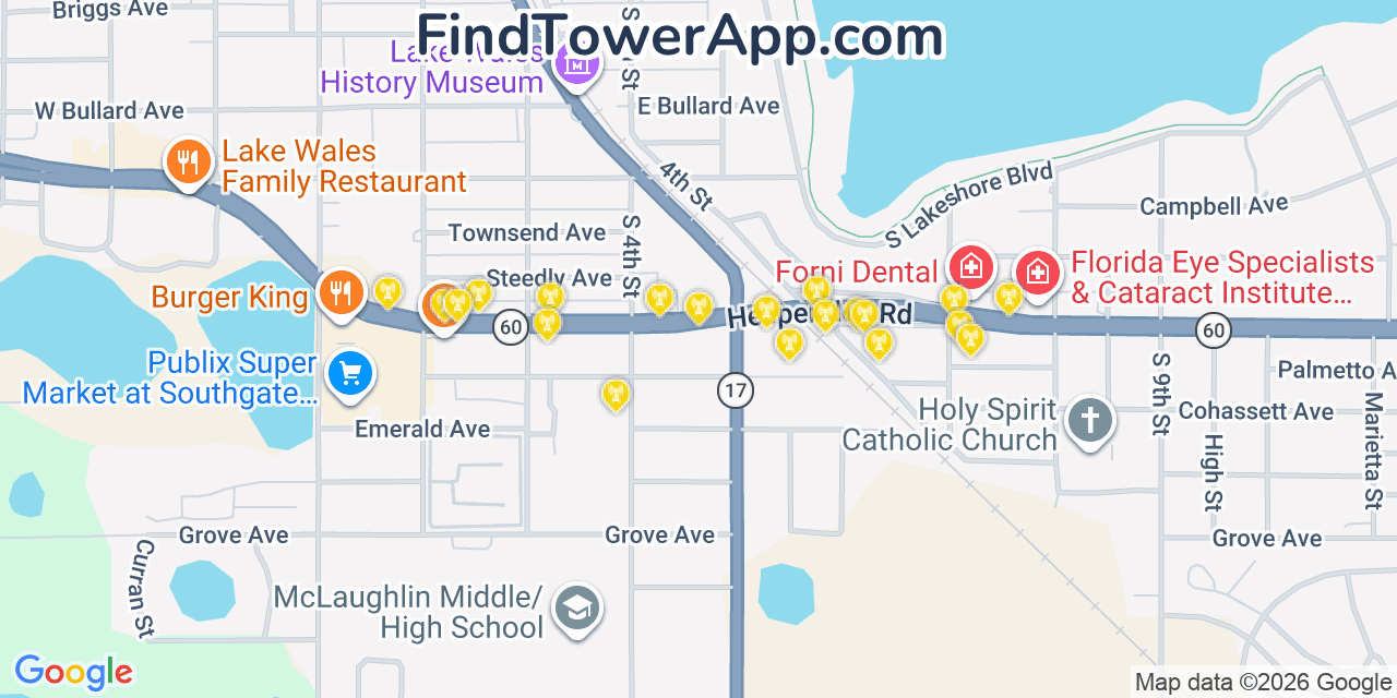 Map showing the 20 primary cell tower locations detected in Lake Wales, Florida from AT&T, Verizon, and T-Mobile networks