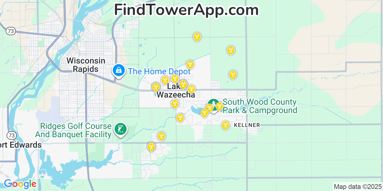 Map showing the 20 primary cell tower locations detected in Lake Wazeecha, Wisconsin from AT&T, Verizon, and T-Mobile networks