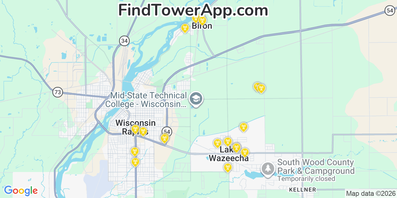 Map showing the 20 primary cell tower locations detected in Lake Wazeecha, Wisconsin from AT&T, Verizon, and T-Mobile networks