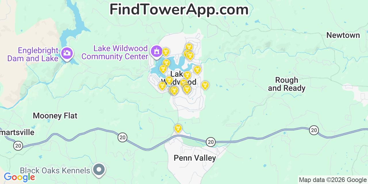 Map showing the 20 primary cell tower locations detected in Lake Wildwood, California from AT&T, Verizon, and T-Mobile networks