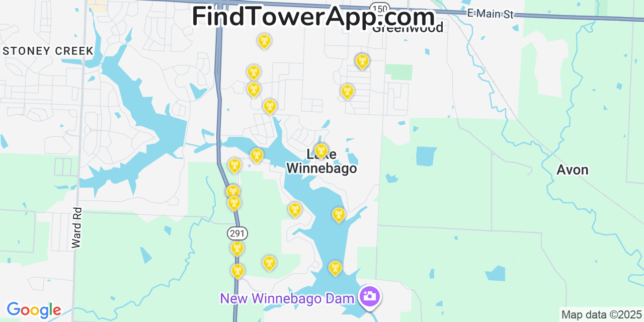 Map showing the 20 primary cell tower locations detected in Lake Winnebago, Missouri from AT&T, Verizon, and T-Mobile networks