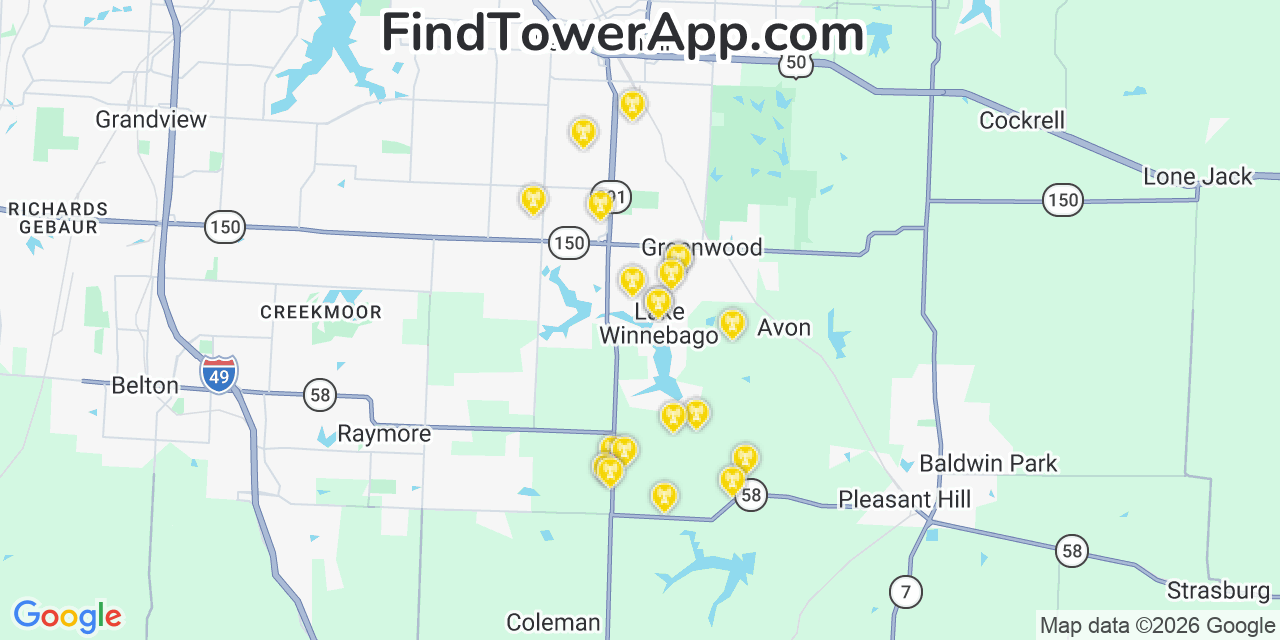 Map showing the 20 primary cell tower locations detected in Lake Winnebago, Missouri from AT&T, Verizon, and T-Mobile networks