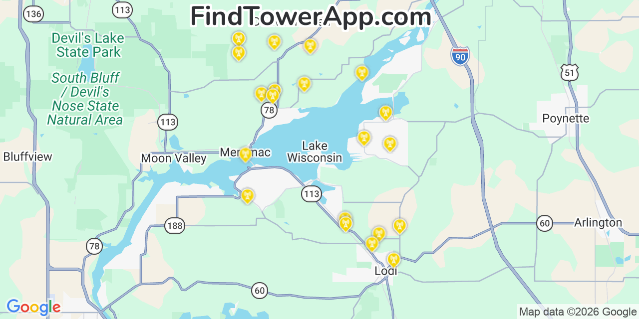 Map showing the 20 primary cell tower locations detected in Lake Wisconsin, Wisconsin from AT&T, Verizon, and T-Mobile networks