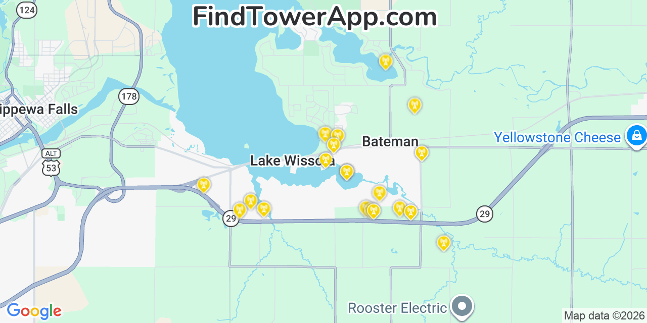 Map showing the 20 primary cell tower locations detected in Lake Wissota, Wisconsin from AT&T, Verizon, and T-Mobile networks