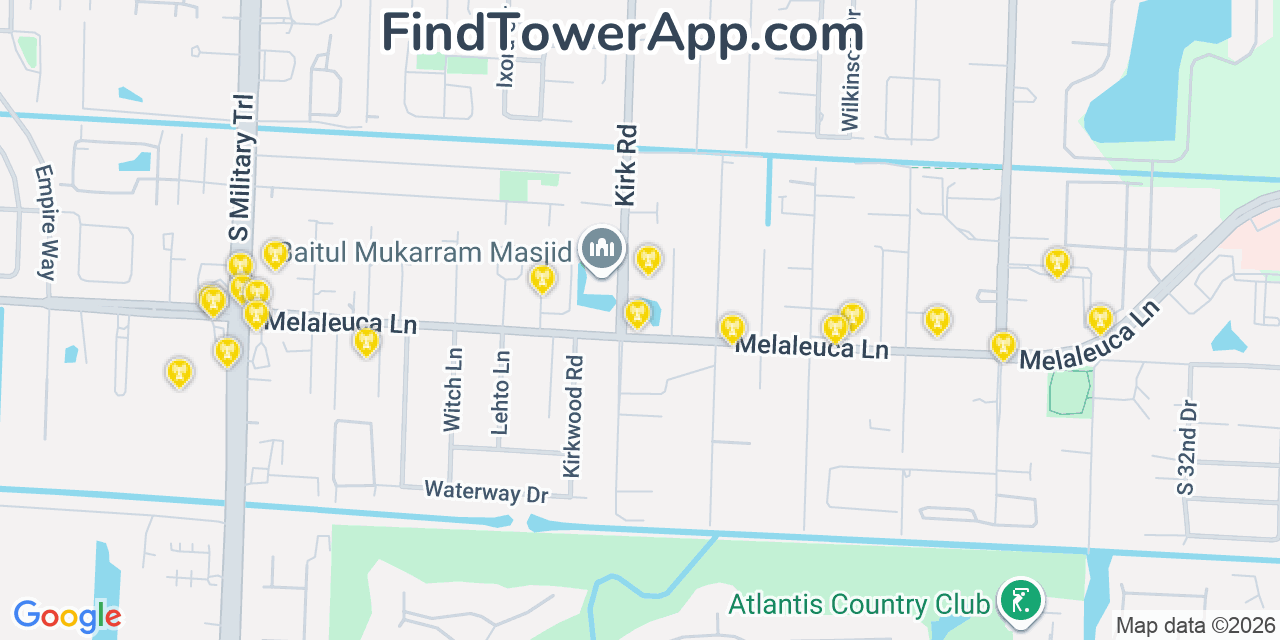 Map showing the 20 primary cell tower locations detected in Lake Worth Corridor, Florida from AT&T, Verizon, and T-Mobile networks
