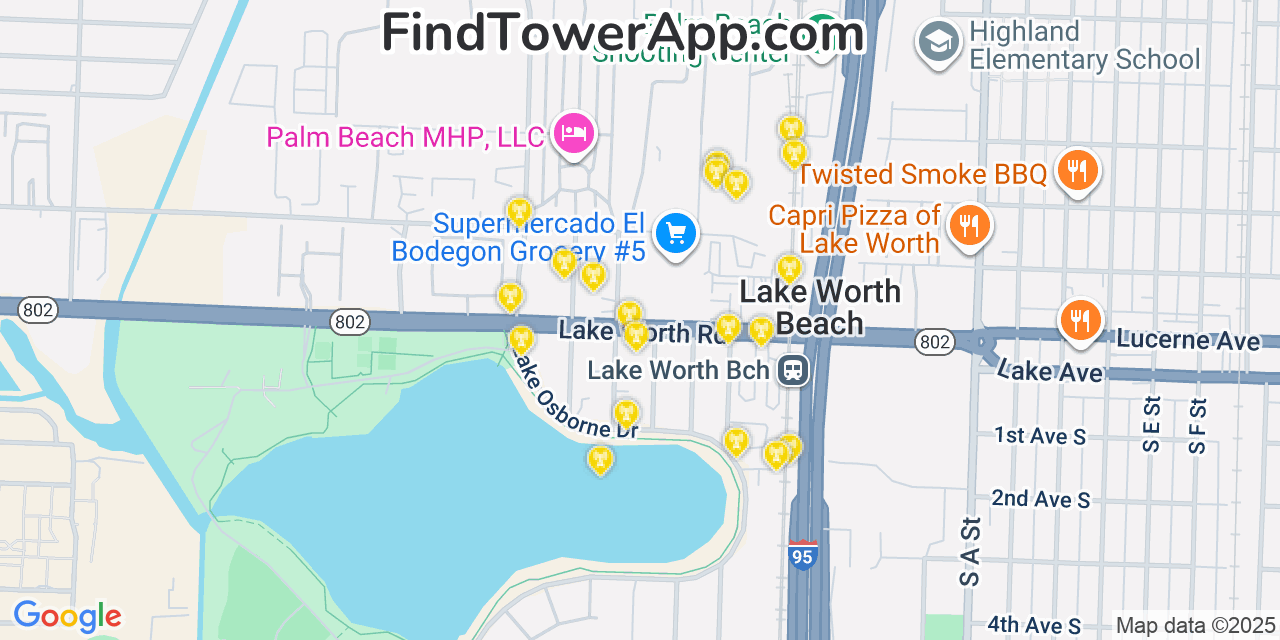 Map showing the 20 primary cell tower locations detected in Lake Worth, Florida from AT&T, Verizon, and T-Mobile networks