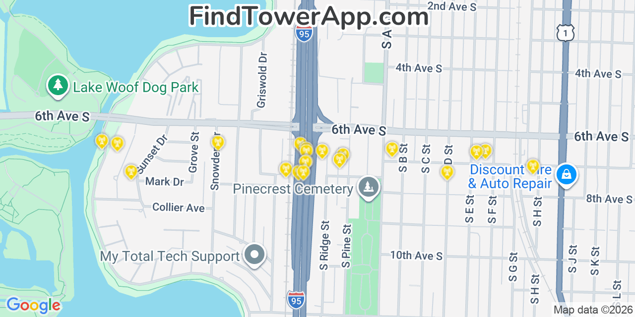 Map showing the 20 primary cell tower locations detected in Lake Worth, Florida from AT&T, Verizon, and T-Mobile networks