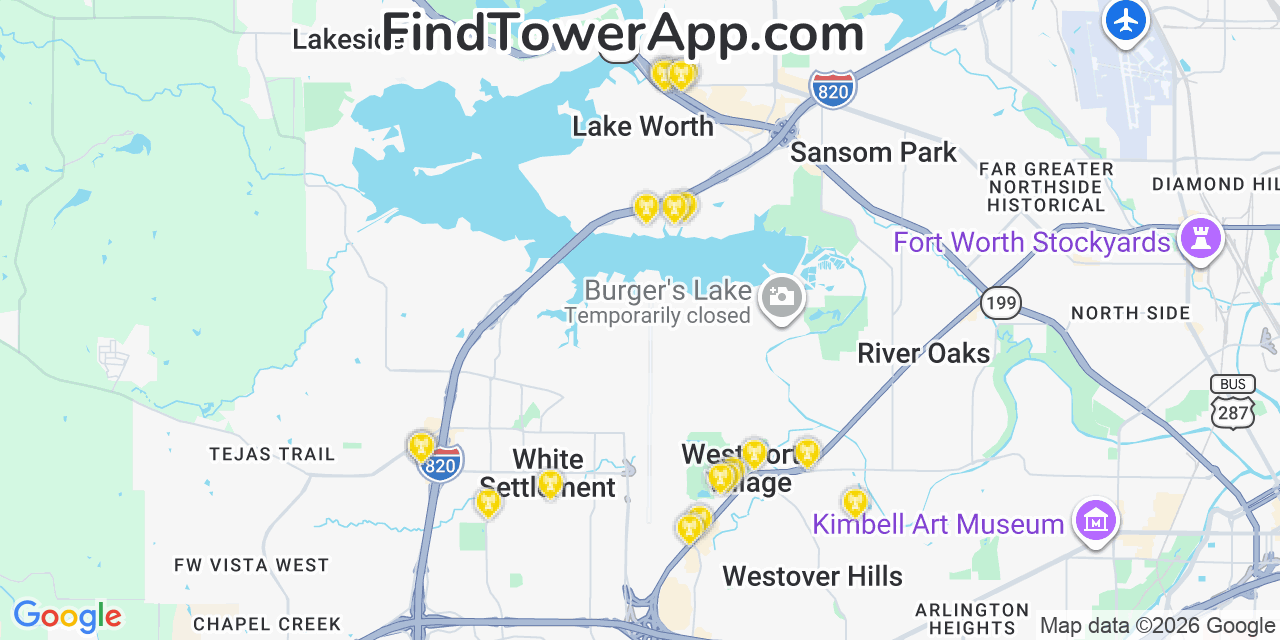 Map showing the 20 primary cell tower locations detected in Lake Worth, Texas from AT&T, Verizon, and T-Mobile networks
