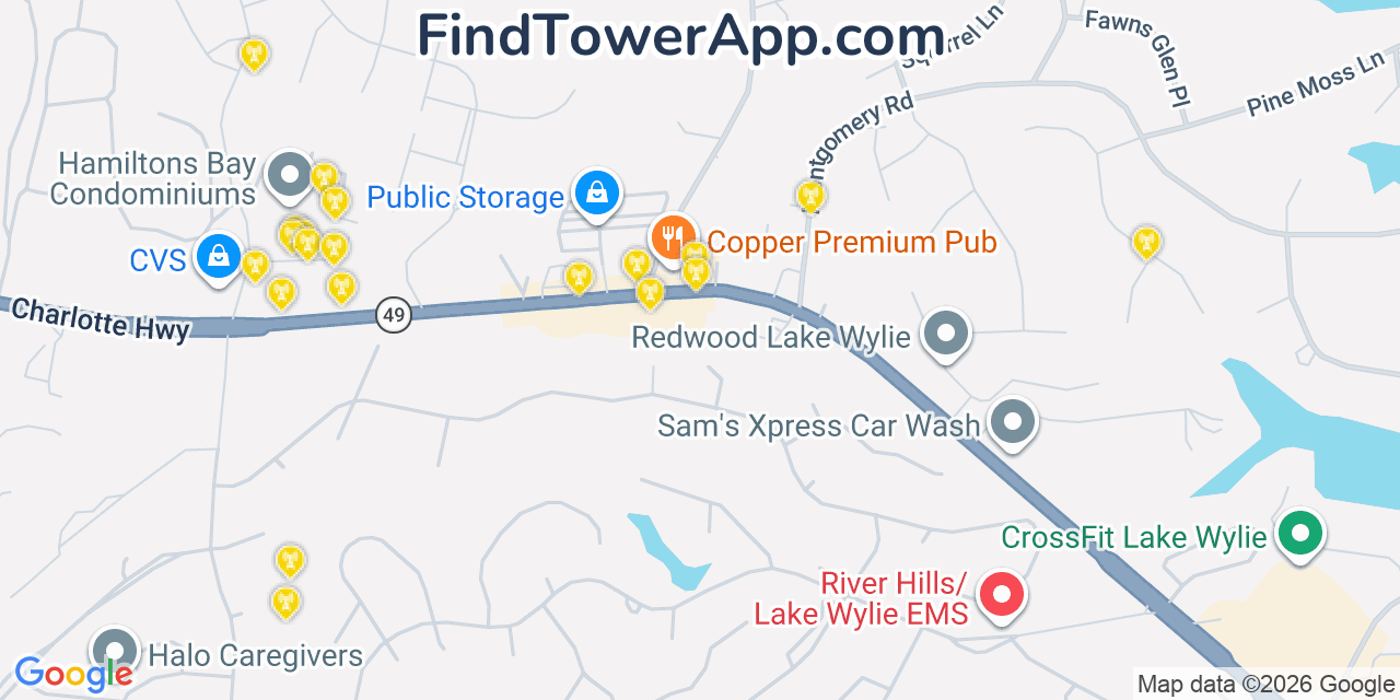 Map showing the 20 primary cell tower locations detected in Lake Wylie, South Carolina from AT&T, Verizon, and T-Mobile networks