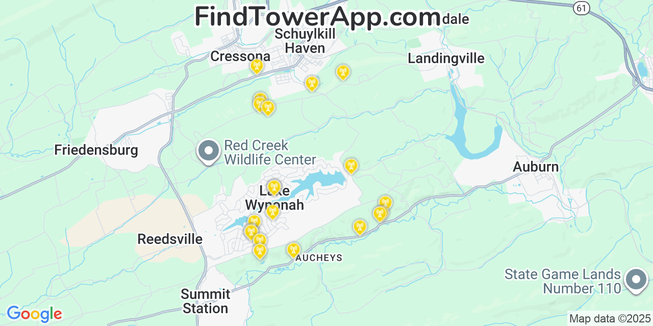 Map showing the 20 primary cell tower locations detected in Lake Wynonah, Pennsylvania from AT&T, Verizon, and T-Mobile networks