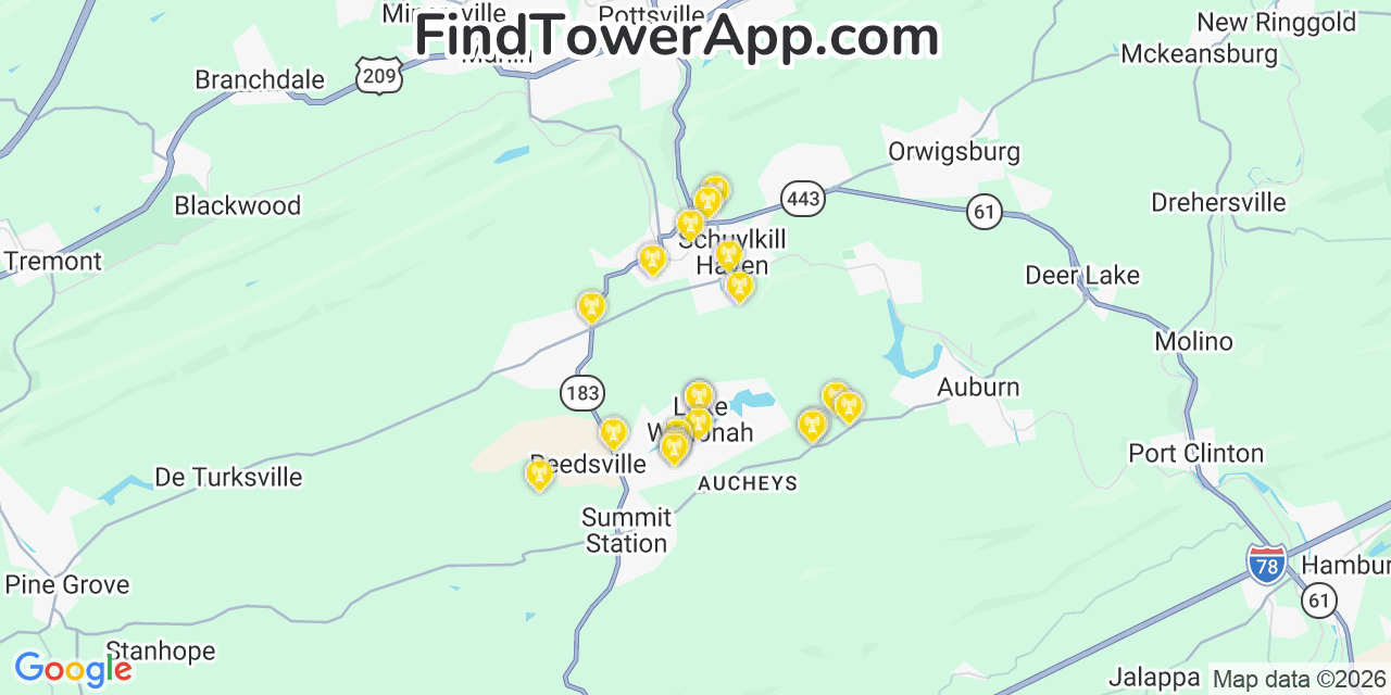 Map showing the 20 primary cell tower locations detected in Lake Wynonah, Pennsylvania from AT&T, Verizon, and T-Mobile networks