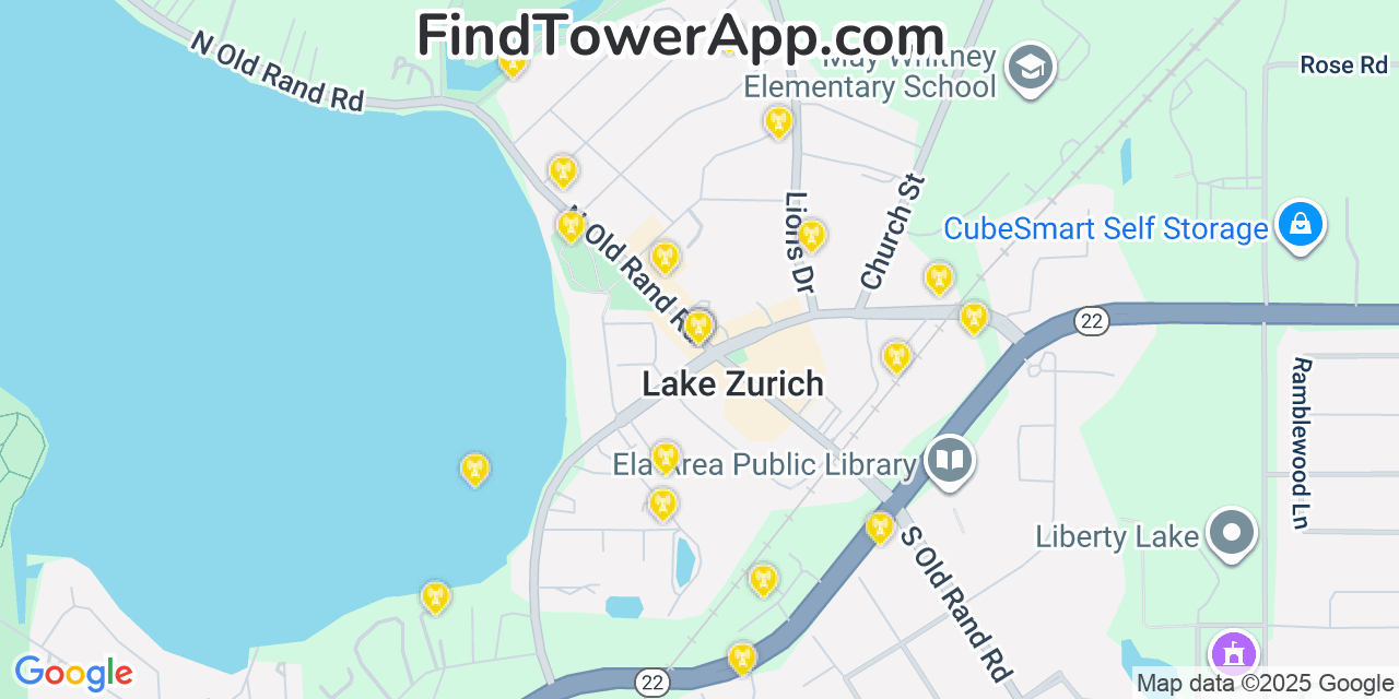 Map showing the 20 primary cell tower locations detected in Lake Zurich, Illinois from AT&T, Verizon, and T-Mobile networks