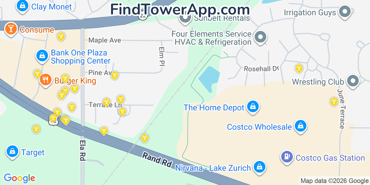 Map showing the 20 primary cell tower locations detected in Lake Zurich, Illinois from AT&T, Verizon, and T-Mobile networks