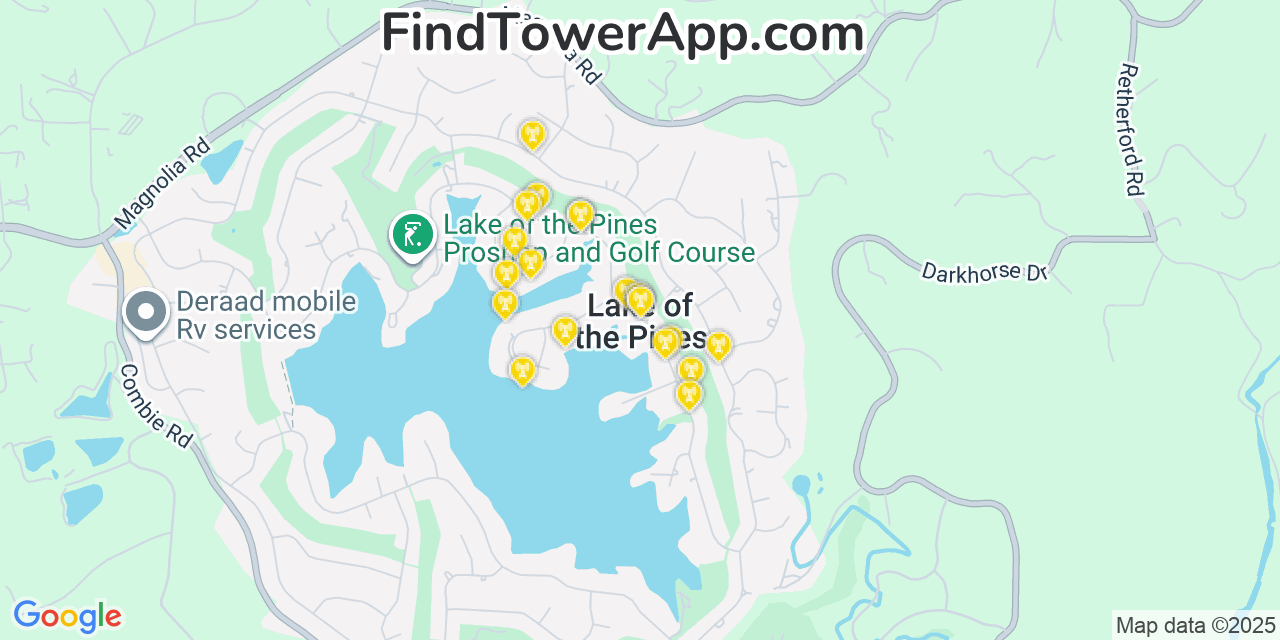 Map showing the 20 primary cell tower locations detected in Lake of the Pines, California from AT&T, Verizon, and T-Mobile networks