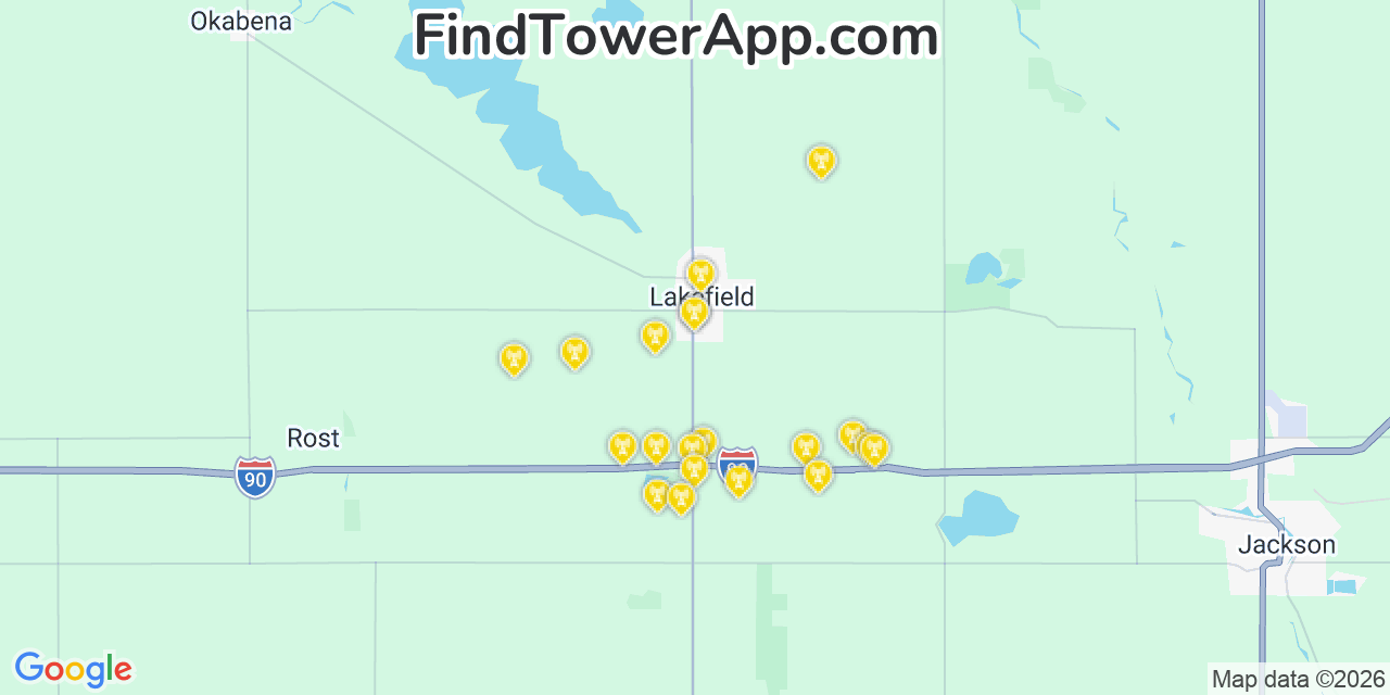 Map showing the 20 primary cell tower locations detected in Lakefield, Minnesota from AT&T, Verizon, and T-Mobile networks