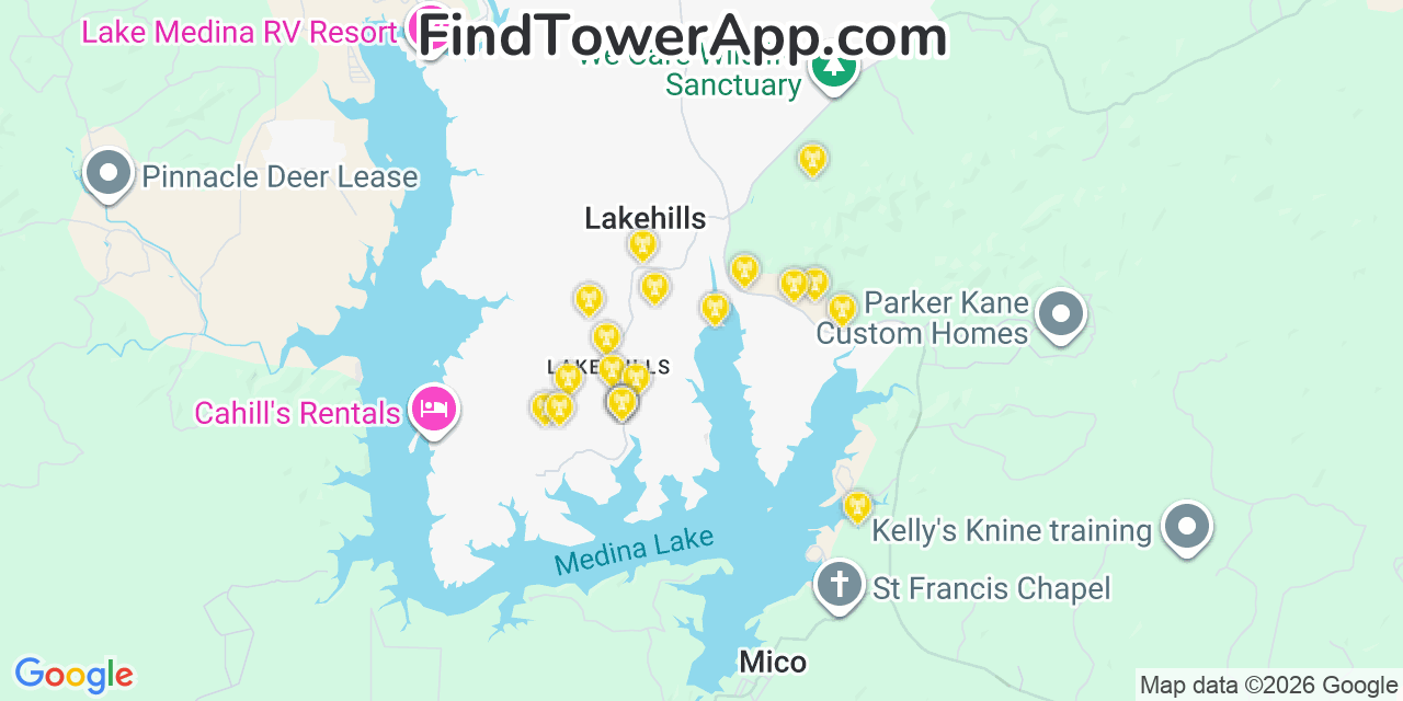 Map showing the 20 primary cell tower locations detected in Lakehills, Texas from AT&T, Verizon, and T-Mobile networks