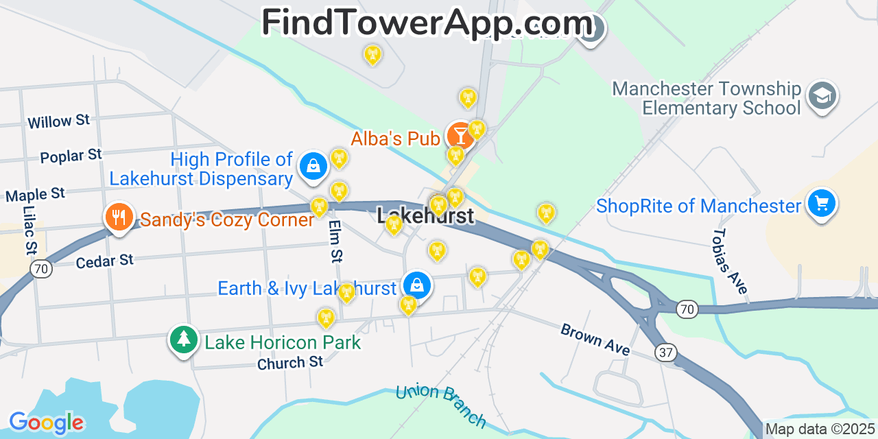 Map showing the 20 primary cell tower locations detected in Lakehurst, New Jersey from AT&T, Verizon, and T-Mobile networks