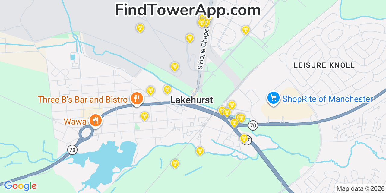 Map showing the 20 primary cell tower locations detected in Lakehurst, New Jersey from AT&T, Verizon, and T-Mobile networks