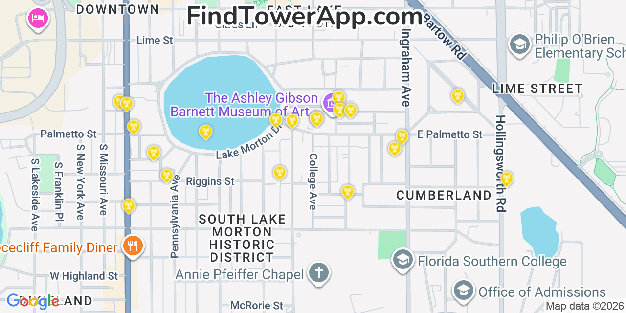 Map showing the 20 primary cell tower locations detected in Lakeland, Florida from AT&T, Verizon, and T-Mobile networks