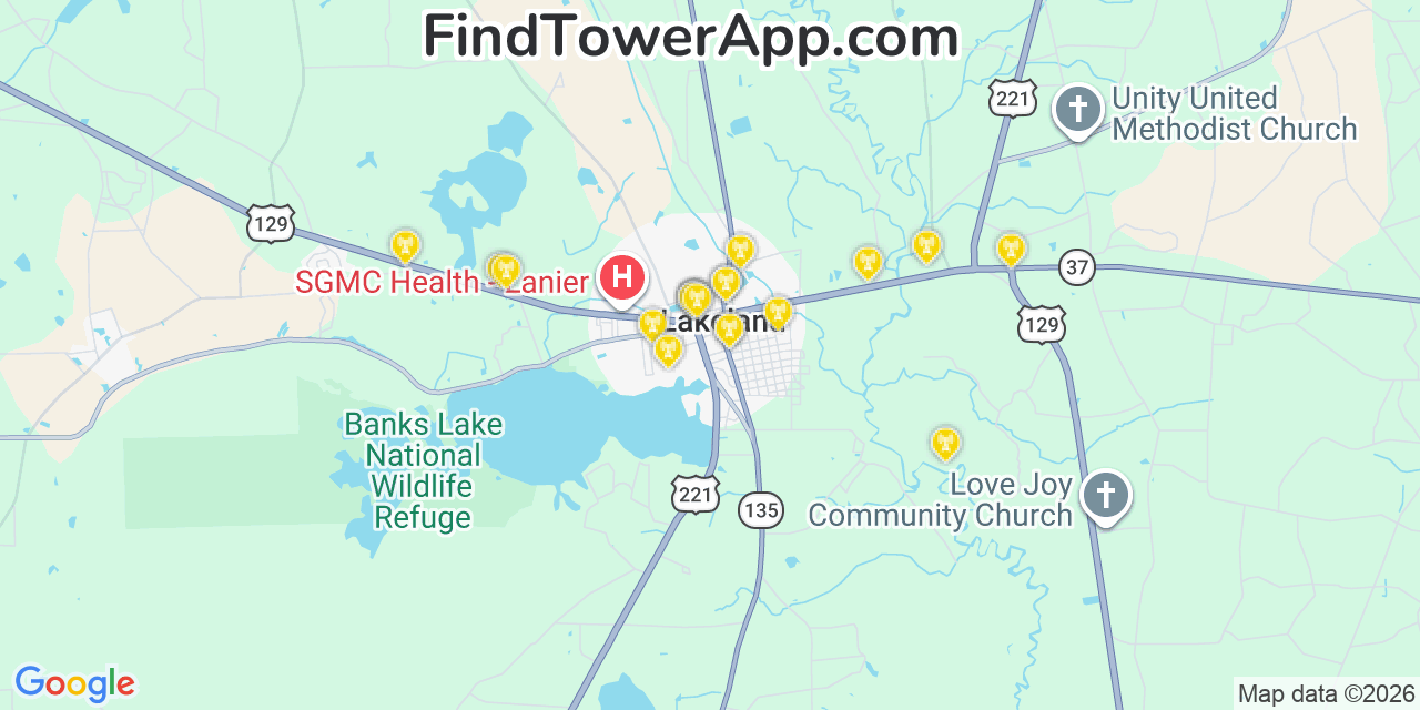 Map showing the 20 primary cell tower locations detected in Lakeland, Georgia from AT&T, Verizon, and T-Mobile networks