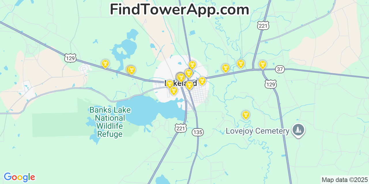 Map showing the 20 primary Mobitel cell tower locations detected in Lakeland, Georgia with coverage radius and signal strength indicators