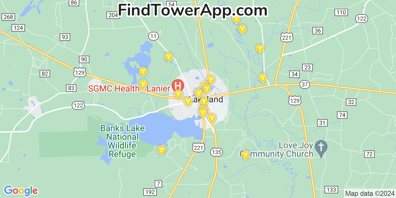 Verizon 4G/5G cell tower coverage map Lakeland, Georgia