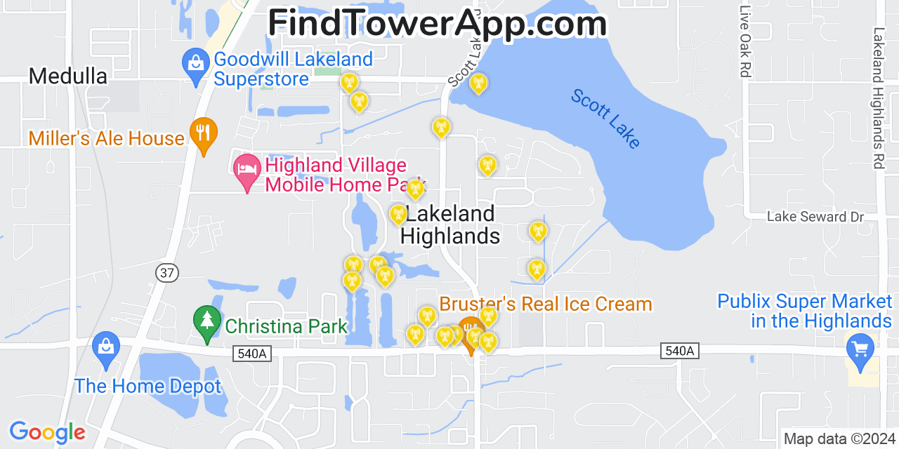 AT&T 4G/5G cell tower coverage map Lakeland Highlands, Florida