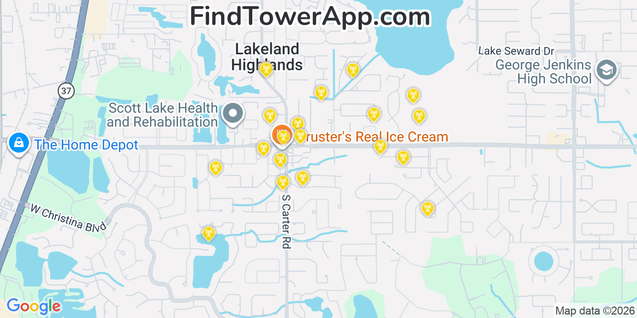 Map showing the 20 primary cell tower locations detected in Lakeland Highlands, Florida from AT&T, Verizon, and T-Mobile networks