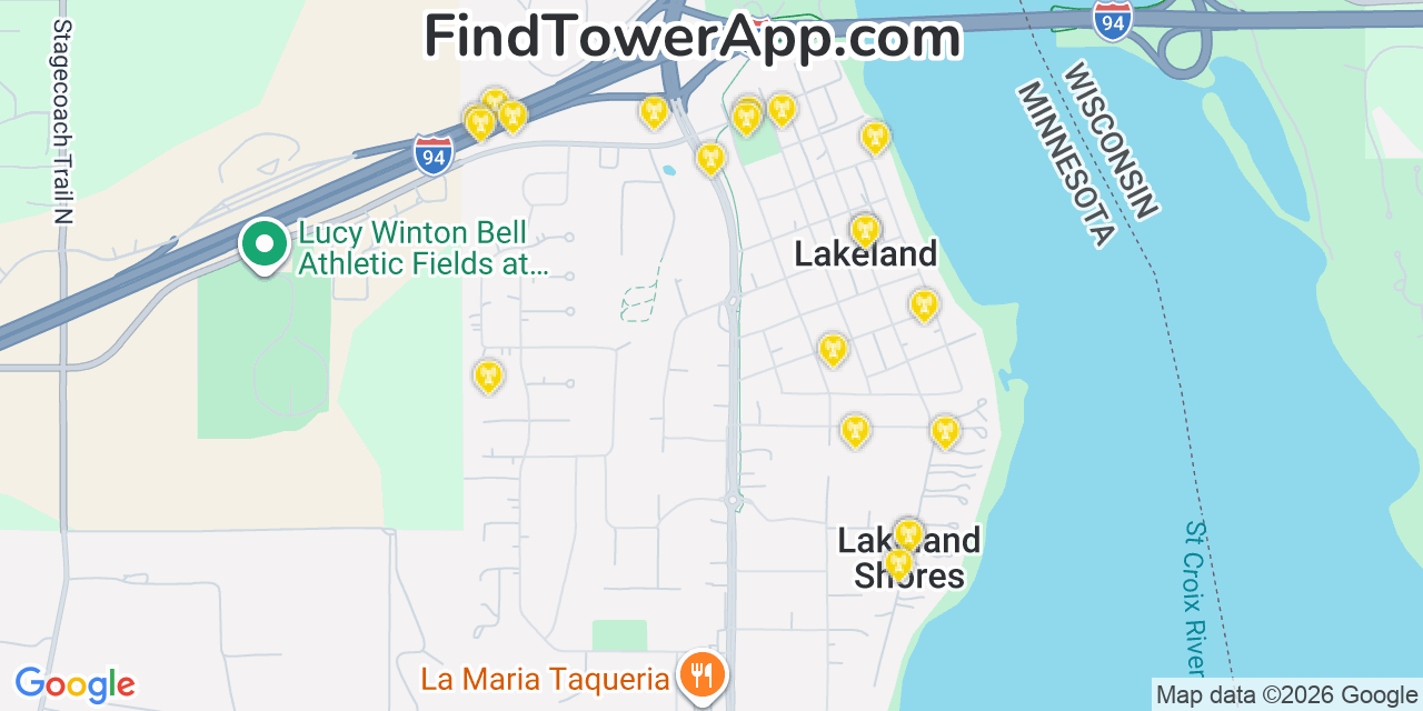 Map showing the 20 primary cell tower locations detected in Lakeland, Minnesota from AT&T, Verizon, and T-Mobile networks