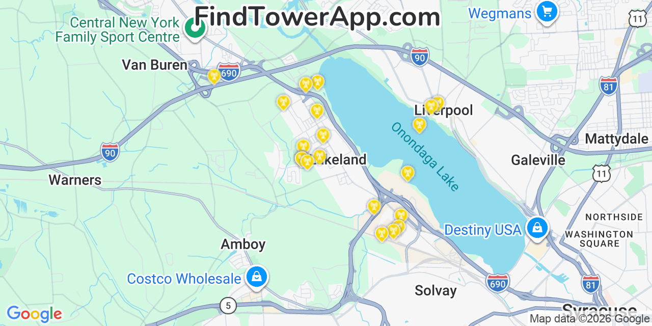 Map showing the 20 primary cell tower locations detected in Lakeland, New York from AT&T, Verizon, and T-Mobile networks