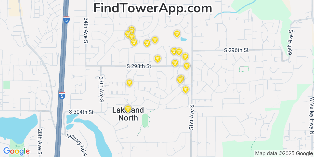 Map showing the 20 primary cell tower locations detected in Lakeland North, Washington from AT&T, Verizon, and T-Mobile networks