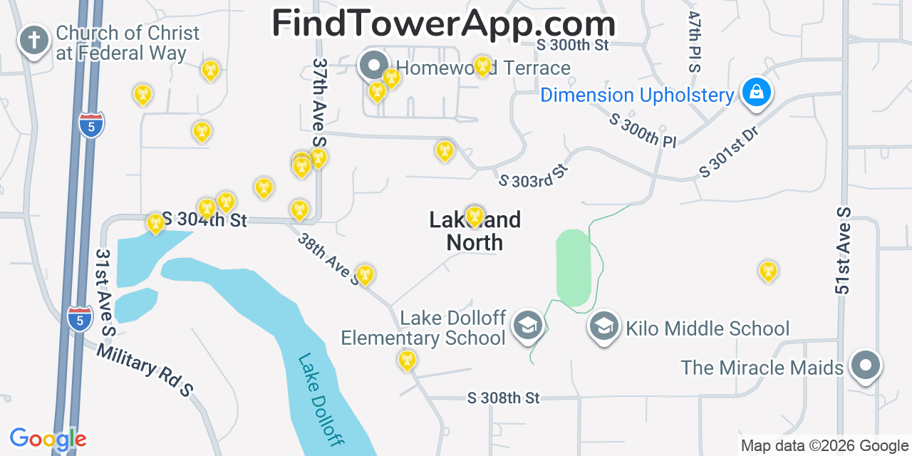 Map showing the 20 primary cell tower locations detected in Lakeland North, Washington from AT&T, Verizon, and T-Mobile networks