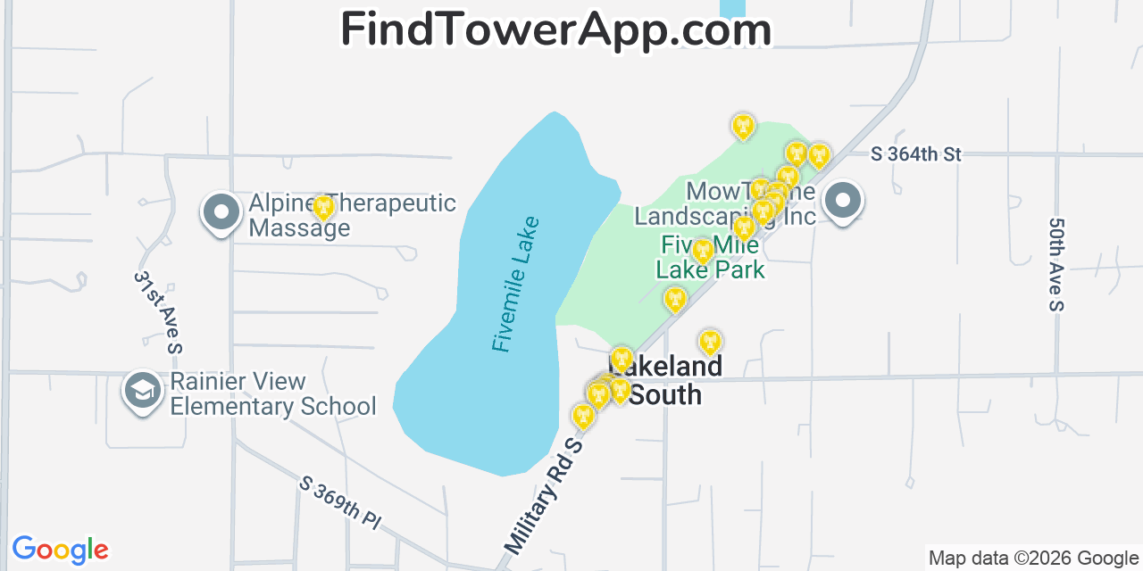 Map showing the 20 primary cell tower locations detected in Lakeland South, Washington from AT&T, Verizon, and T-Mobile networks