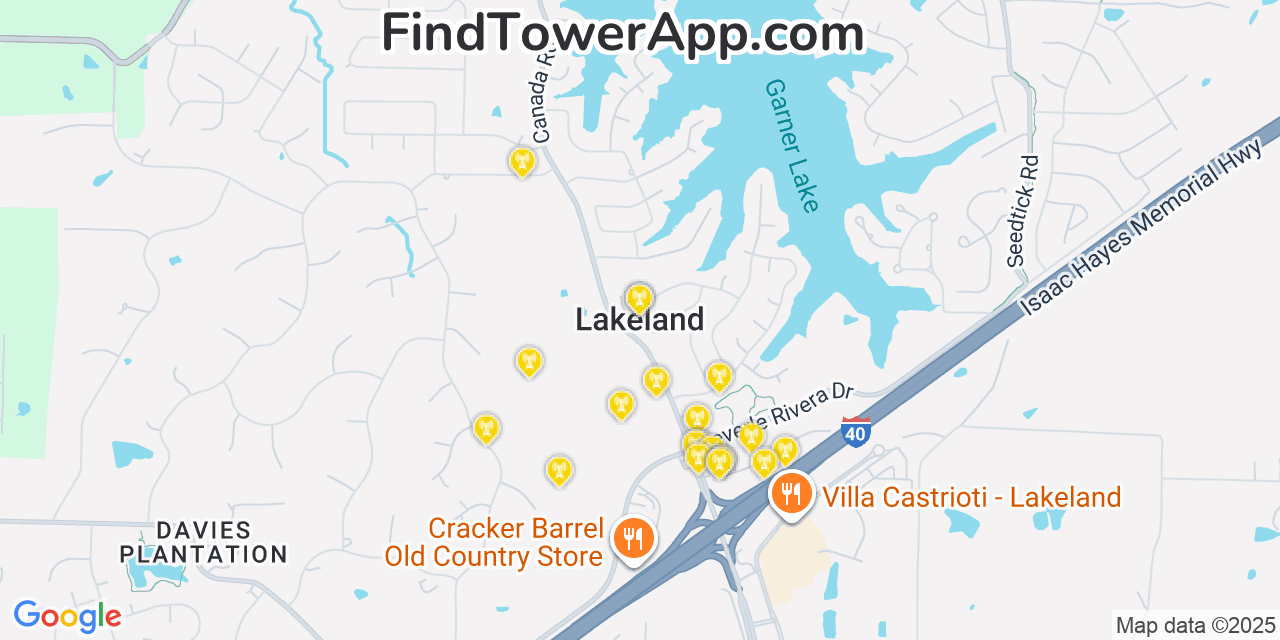Map showing the 20 primary cell tower locations detected in Lakeland, Tennessee from AT&T, Verizon, and T-Mobile networks