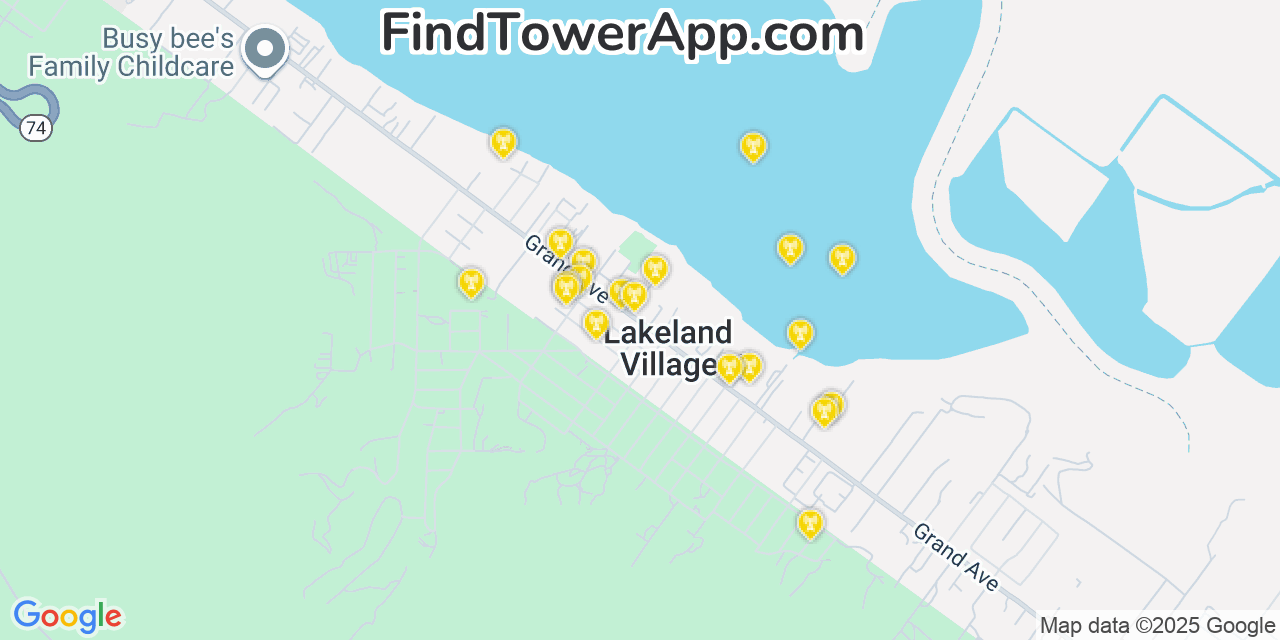 Map showing the 20 primary cell tower locations detected in Lakeland Village, California from AT&T, Verizon, and T-Mobile networks