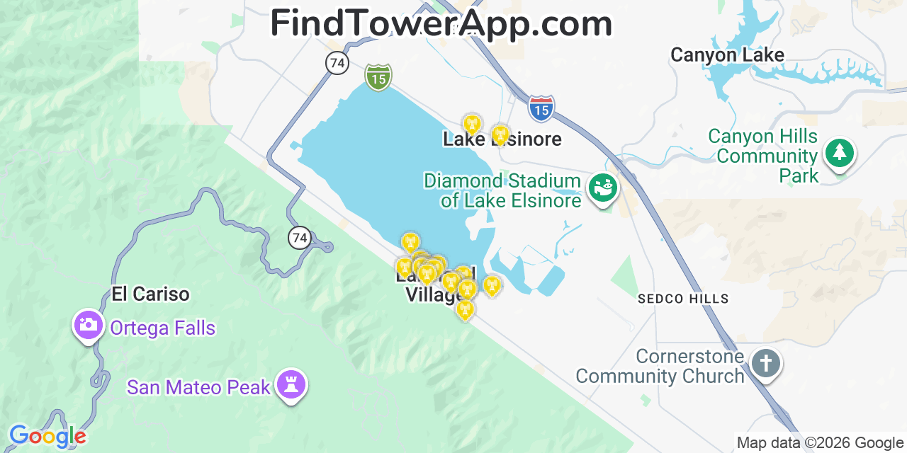 Map showing the 20 primary cell tower locations detected in Lakeland Village, California from AT&T, Verizon, and T-Mobile networks